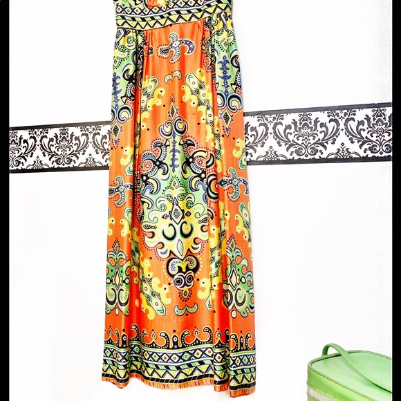 Vintage 1960’s Orange & Yellow Maxi Dress Large - Picture 3 of 4